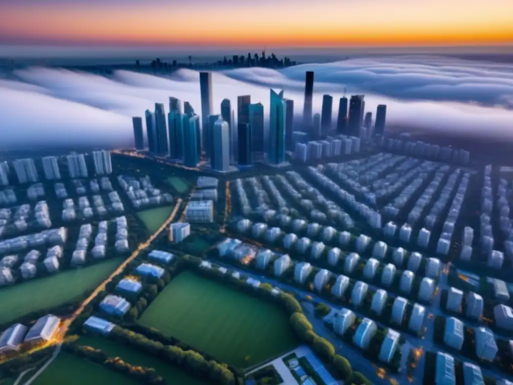 Horizonte urbano futurista: diversidad inmobiliaria al atardecer Un horizonte urbano futurista con diversificación de inversiones inmobiliarias en una ciudad sostenible al atardecer