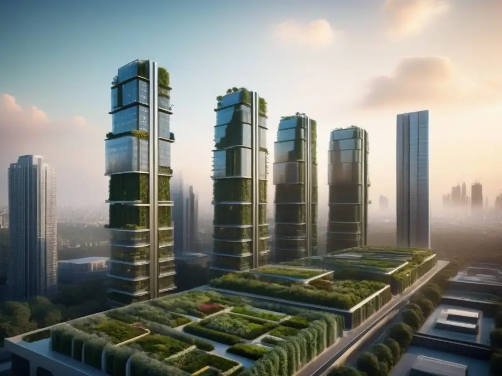 Horizonte urbano futurista: edificios innovadores en armonía verde Un horizonte urbano futurista con edificios interconectados y diseños innovadores, reflejando servicios inmobiliarios innovadores