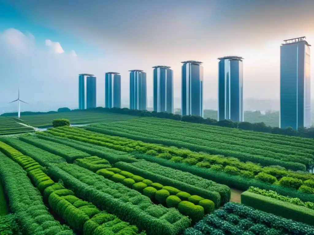 Metrópolis futurista ecoamigable: edificios sostenibles y verdes Horizonte urbano futurista con edificios sostenibles y regulaciones conservación inmobiliaria mitos