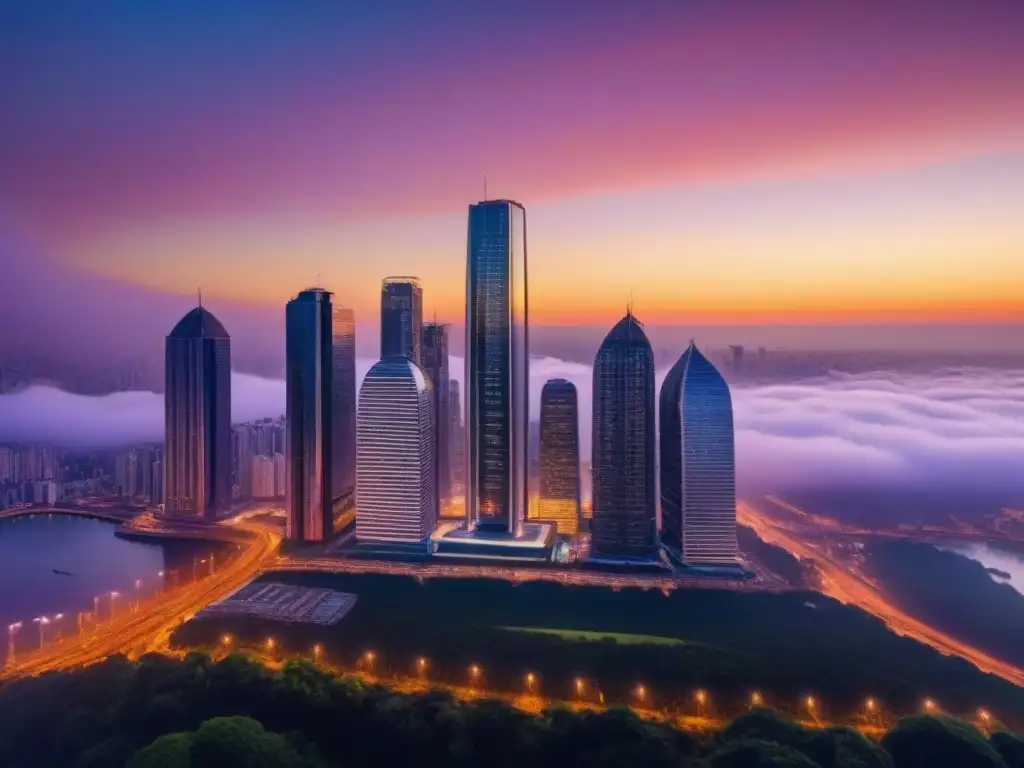 Horizonte futurista: ciencia y arquitectura inteligente Un horizonte urbano futurista con rascacielos elegantes que reflejan el atardecer, destacando diseños arquitectónicos avanzados y tecnologías inteligentes integradas, simbolizando el futuro de la valoración inmobiliaria con inteligencia artificial