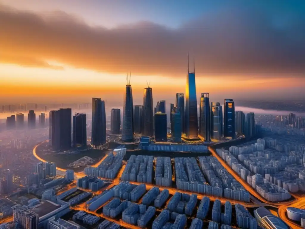 Horizonte futurista: ciudad innovadora al atardecer Un horizonte urbano futurista con rascacielos reflejando tonos dorados del atardecer, simbolizando estrategias de salida inversor inmobiliario
