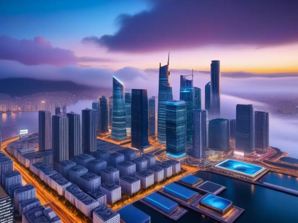 Inversión inmobiliaria futurista: predicciones financieras en la ciudad Horizonte urbano futurista al anochecer con rascacielos iluminados y pantallas digitales mostrando datos financieros, simbolizando modelos predictivos en inversión inmobiliaria