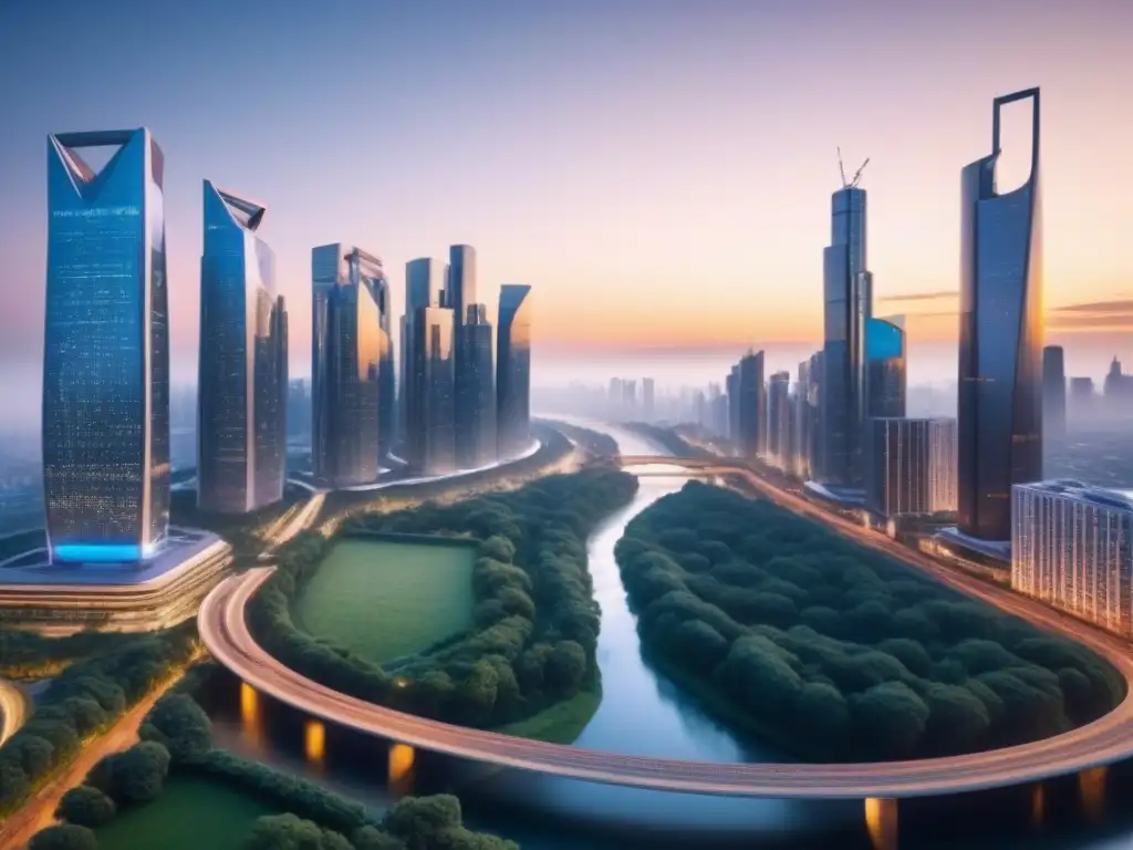 Futurista ciudad nocturna: rascacielos iluminados al atardecer Un horizonte urbano futurista al anochecer con rascacielos iluminados reflejando el sol poniente, rodeado de vegetación y puentes brillantes