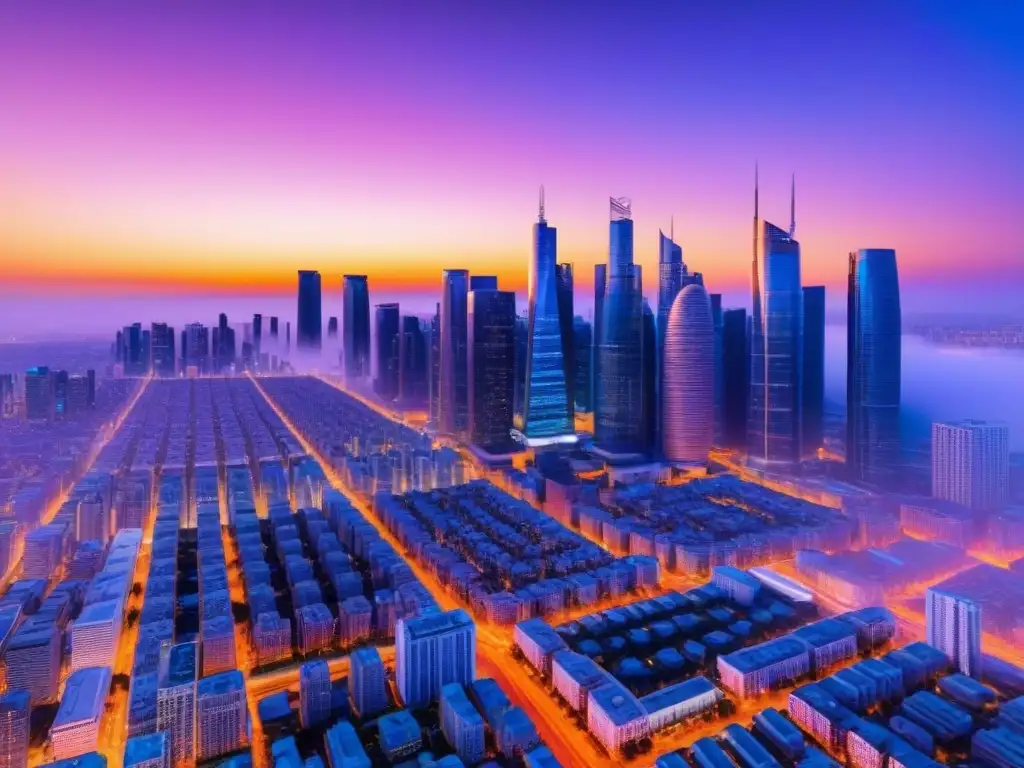 Metrópolis futurista al atardecer: innovación financiera inmersiva Un horizonte urbano futurista al anochecer con rascacielos iluminados y vehículos autónomos
