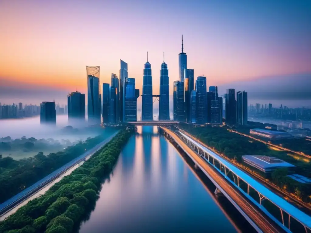 Horizonte urbano futurista: arquitectura moderna, tecnología avanzada y naturaleza se fusionan en una visión innovadora del mañana Horizonte urbano futurista con rascacielos y puentes interconectados, reflejando el atardecer y una fusión arquitectónica avanzada