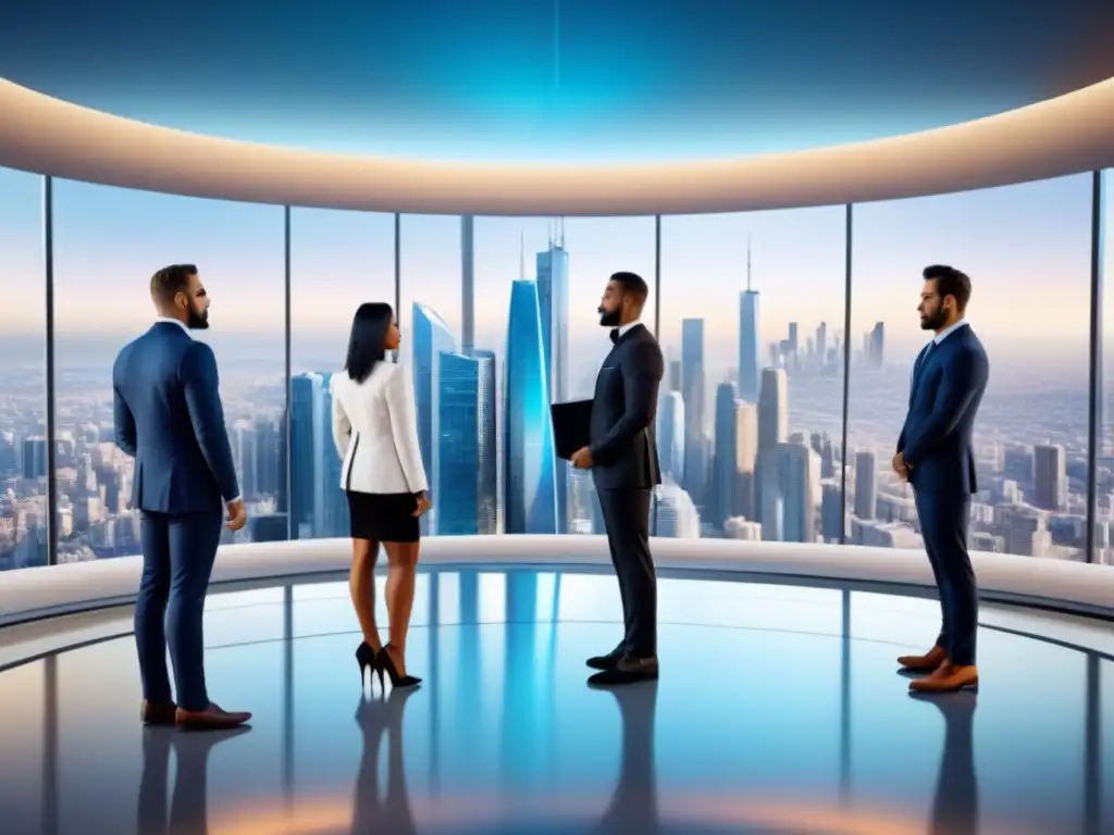 Metropolis futurista: innovación en bienes raíces digitales Un horizonte urbano futurista con rascacielos de vidrio y profesionales debatiendo sobre modelos de negocio disruptivos inmobiliarios