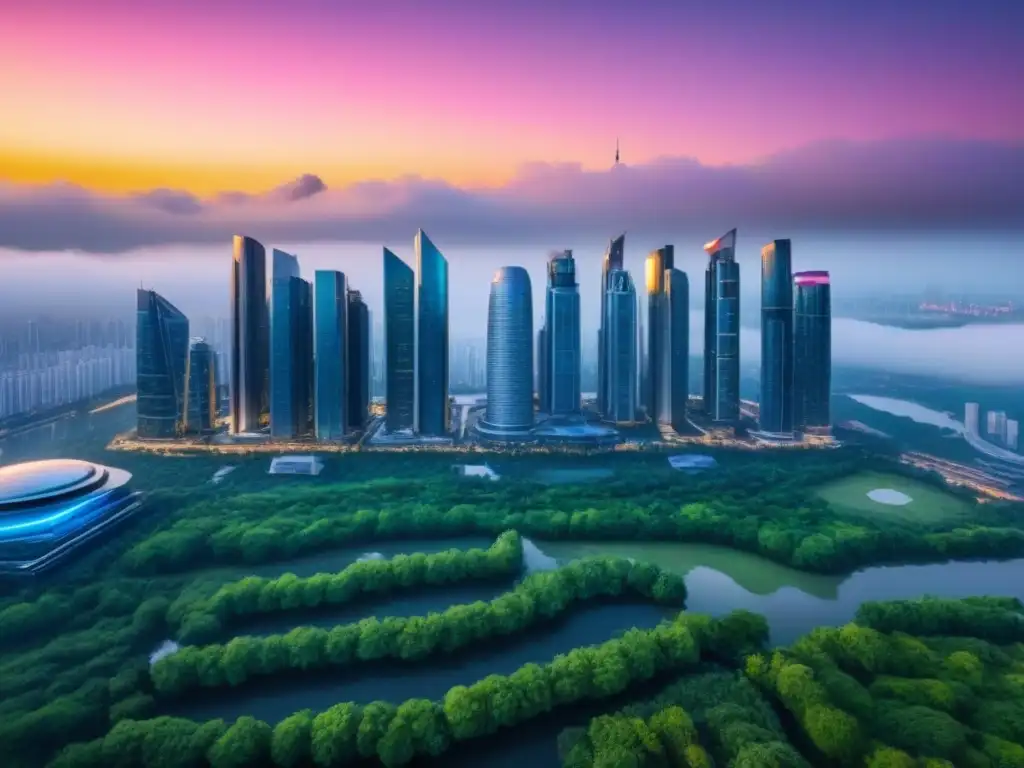 Skyline futurista: arquitectura avanzada y naturaleza en armonía Un horizonte urbano futurista con rascacielos modernos reflejando el atardecer, rodeados de vegetación, simbolizando la armonía entre desarrollo urbano y naturaleza