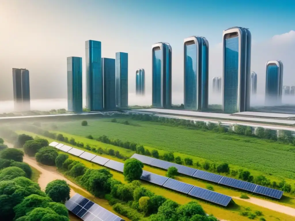 Metrópolis ecológica: rascacielos reciclados en ciudad futurista Un horizonte urbano futurista con rascacielos de materiales reciclados, reflejando técnicas innovadoras de construcción verde