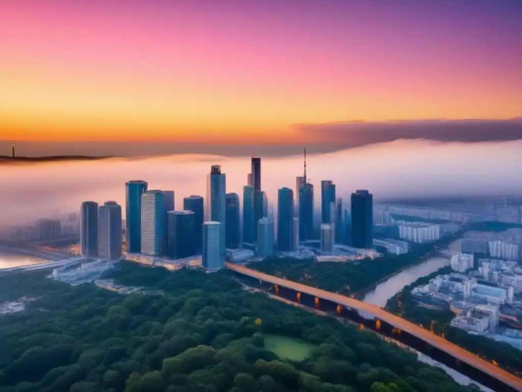 Horizonte urbano al atardecer: crecimiento y prosperidad inmobiliaria Horizonte urbano moderno al atardecer, rascacielos reflejando tonos naranjas y rosados