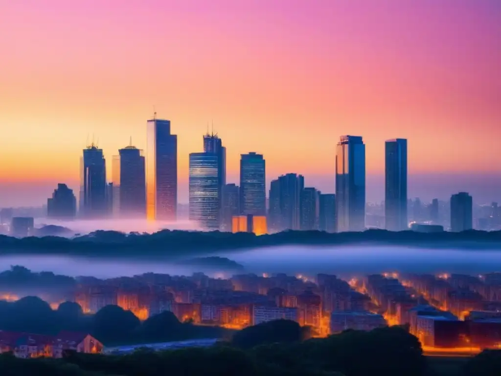 Horizonte urbano moderno al atardecer: estabilidad financiera en vivienda Horizonte urbano moderno al atardecer, edificios altos de vidrio reflejando tonos naranja y rosa, simbolizando seguridad en la vivienda