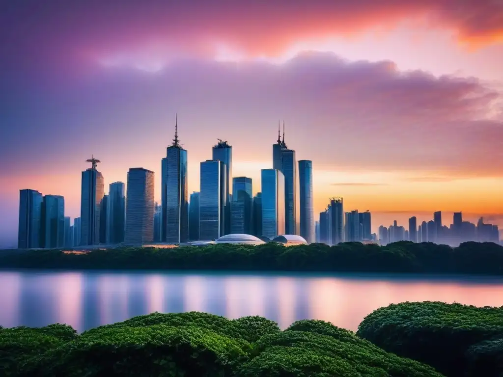 Horizonte urbano al atardecer: estabilidad y crecimiento en bienes raíces Un horizonte urbano moderno al atardecer, con rascacielos altos reflejando la cálida luz dorada, simbolizando estabilidad y crecimiento en el mercado inmobiliario, brindando una sensación de seguridad y protección de inversión contra la inflación