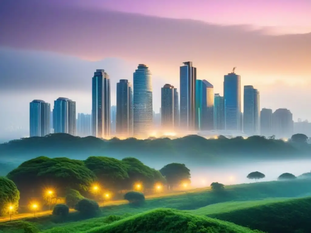 Horizonte urbano sostenible: arquitectura ecofriendly en la ciudad Horizonte urbano moderno con edificios ecológicos rodeados de vegetación exuberante, mostrando integración arquitectónica sostenible