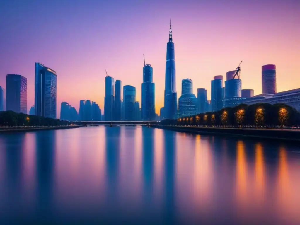 Horizonte urbano futurista: luces y elegancia en 8k Un horizonte urbano moderno y elegante con rascacielos iluminados por luces futuristas al anochecer, reflejados en un río sereno