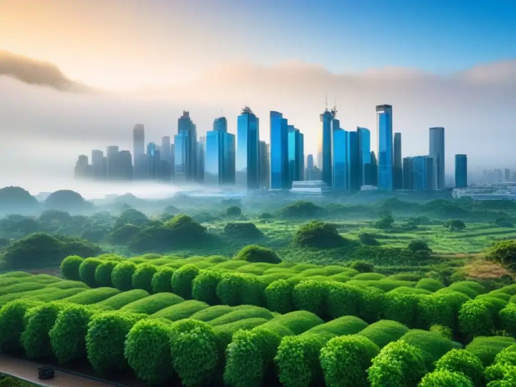 Horizonte urbano sostenible: edificios verdes y naturaleza Un horizonte urbano moderno integrado con la naturaleza, reflejando la relación armoniosa entre inversión inmobiliaria y factores ambientales