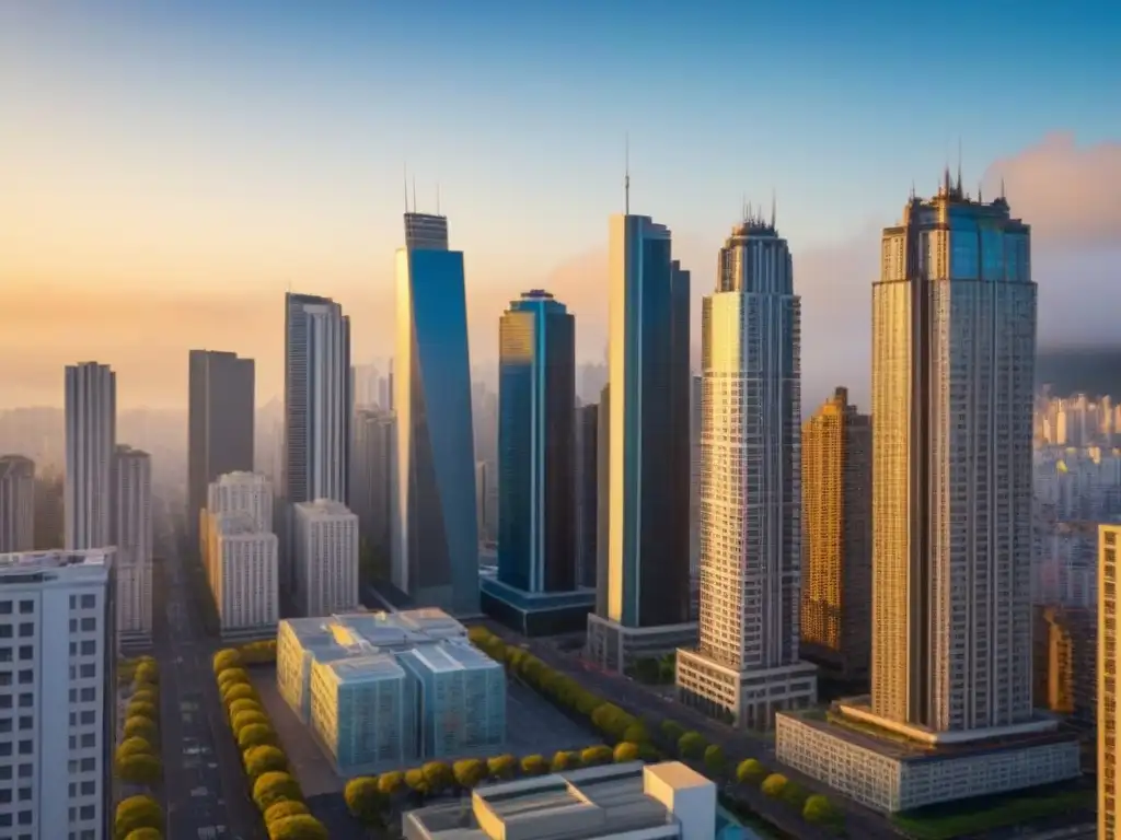 Metrópolis en crecimiento: desafíos y oportunidades en el mercado inmobiliario Un horizonte urbano moderno con rascacielos y edificios altos, reflejando el sol poniente