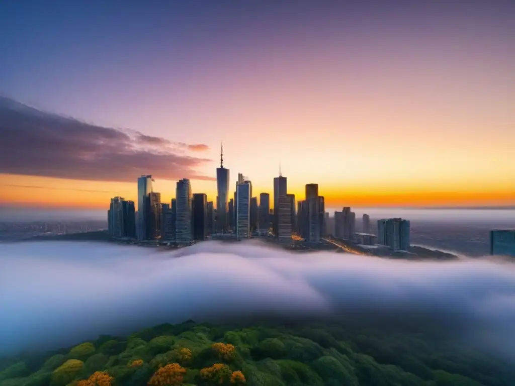 Horizonte urbano dorado: metrópolis moderna en crecimiento Horizonte urbano moderno con rascacielos reflejando tonos dorados del atardecer, simbolizando prosperidad financiera y estrategias para minimizar impuestos en bienes inmuebles