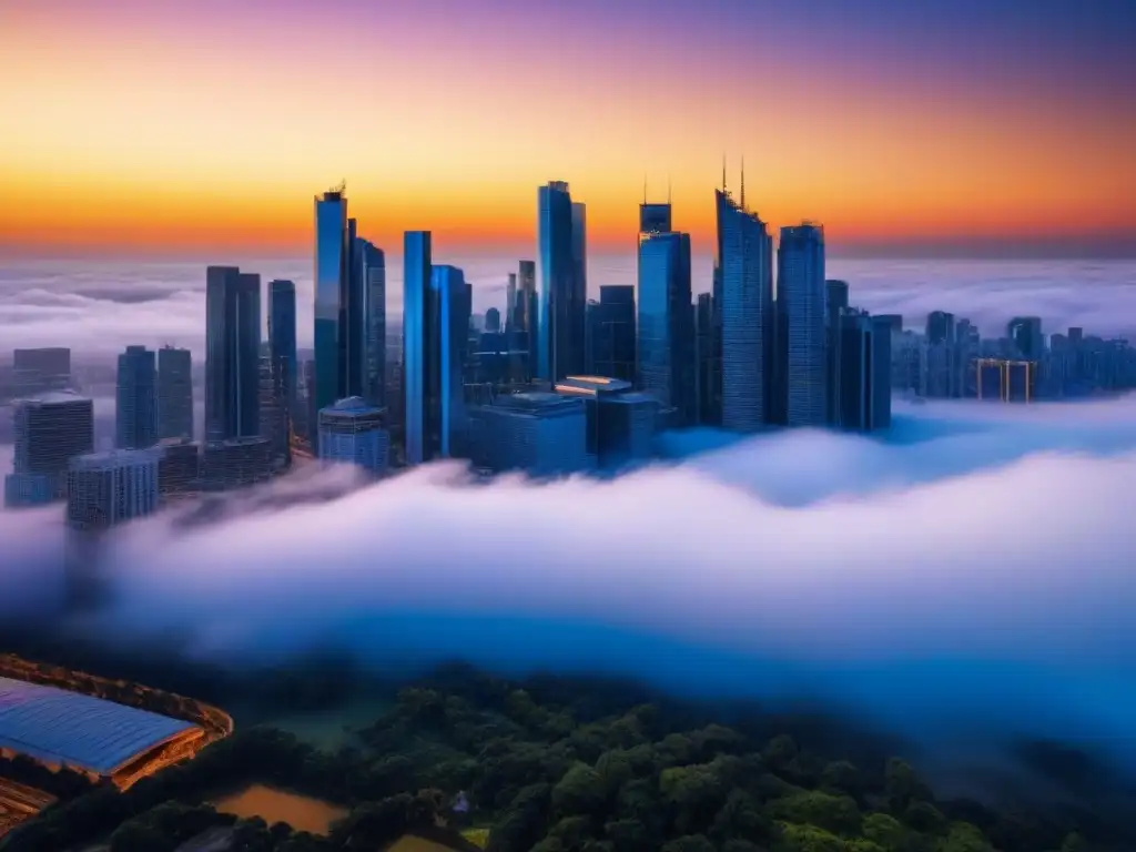 Horizonte urbano: rascacielos dorados en atardecer Horizonte urbano moderno con rascacielos brillando bajo un atardecer dorado, reflejando el análisis de mercado inmobiliario avanzado