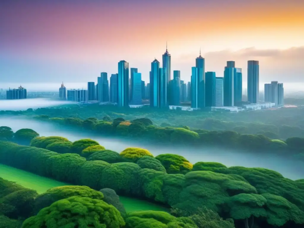 Horizonte urbano: metrópolis próspera al atardecer Horizonte urbano moderno con rascacielos altos y elegantes reflejando los tonos dorados del atardecer, junto a parques verdes y vibrante vida urbana