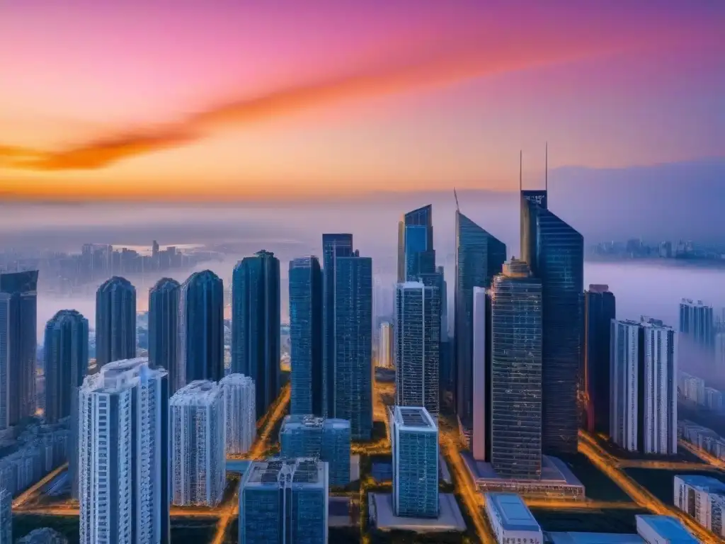 Horizonte urbano: riesgos y complejidades en derivados inmobiliarios Horizonte urbano moderno con rascacielos reflejando el sol poniente, simbolizando la complejidad y riesgos de productos derivados inmobiliarios