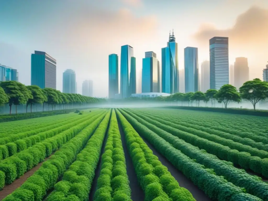 Contraste urbano-natural: evolución sostenible en la ciudad Un horizonte urbano moderno con rascacielos y un parque verde lleno de vida