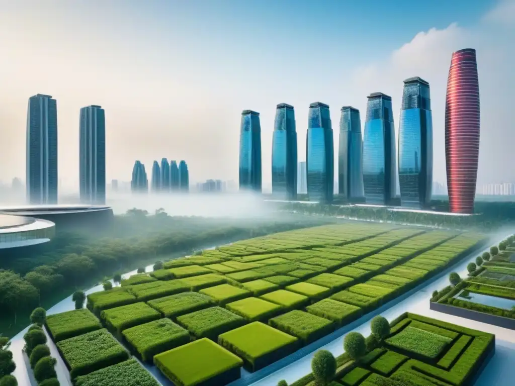 Desarrollo urbano sostenible: arquitectura futurista y naturaleza en armonía Horizonte urbano moderno con rascacielos futuristas y parques verdes, simbolizando la armonía entre desarrollo urbano y naturaleza en estrategias de inversión inmobiliaria avanzadas