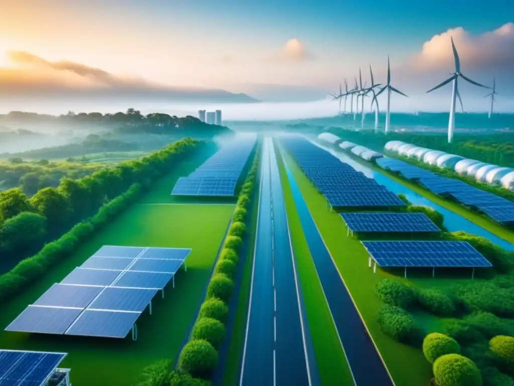 Horizonte urbano sostenible: innovación y progreso ecofriendly en la ciudad Horizonte urbano sostenible con edificios ecofriendly, paneles solares, turbinas eólicas y vehículos eléctricos