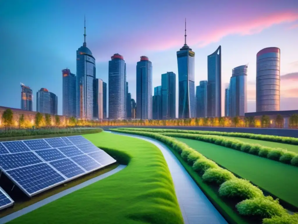 Horizonte sostenible: fusión de naturaleza y tecnología en la ciudad Un horizonte urbano sostenible al anochecer, fusionando naturaleza y tecnología