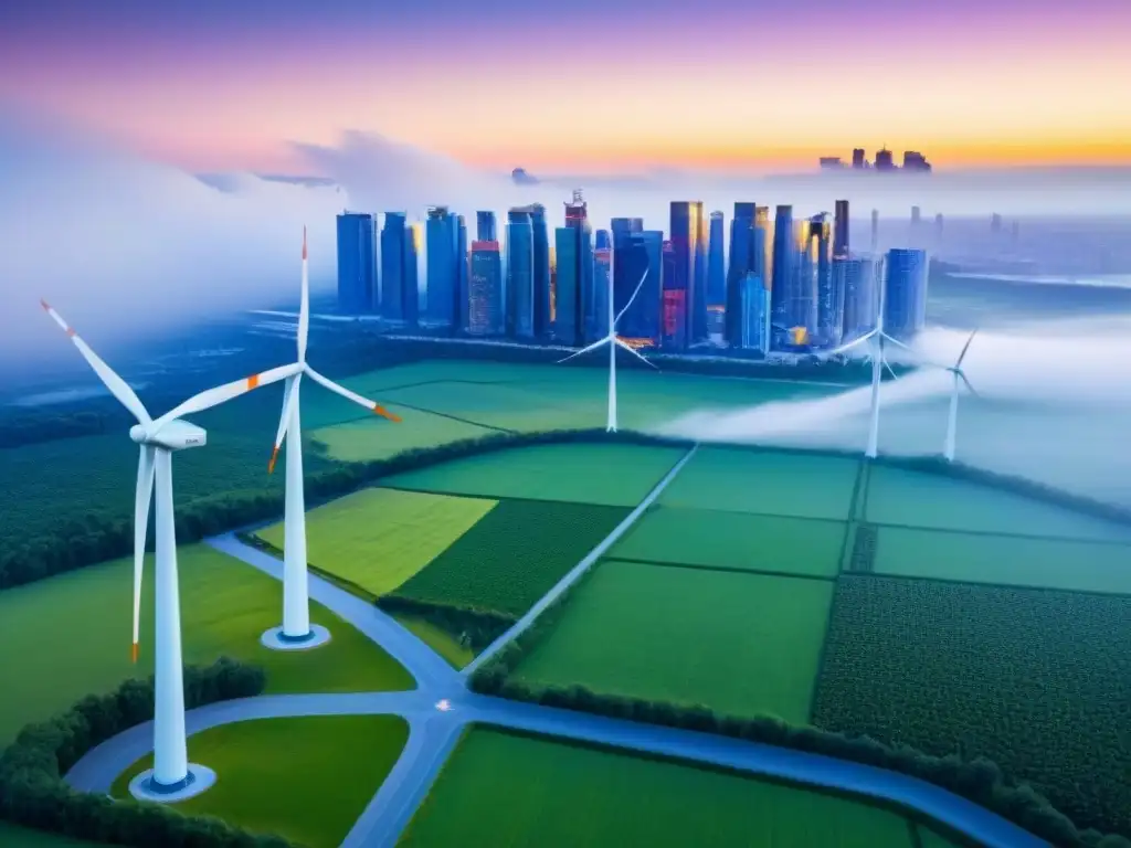 Metrópolis sostenible del futuro: armonía entre naturaleza e innovación Horizonte urbano sostenible con tecnología, integrando naturaleza y modernidad en la ciudad al atardecer