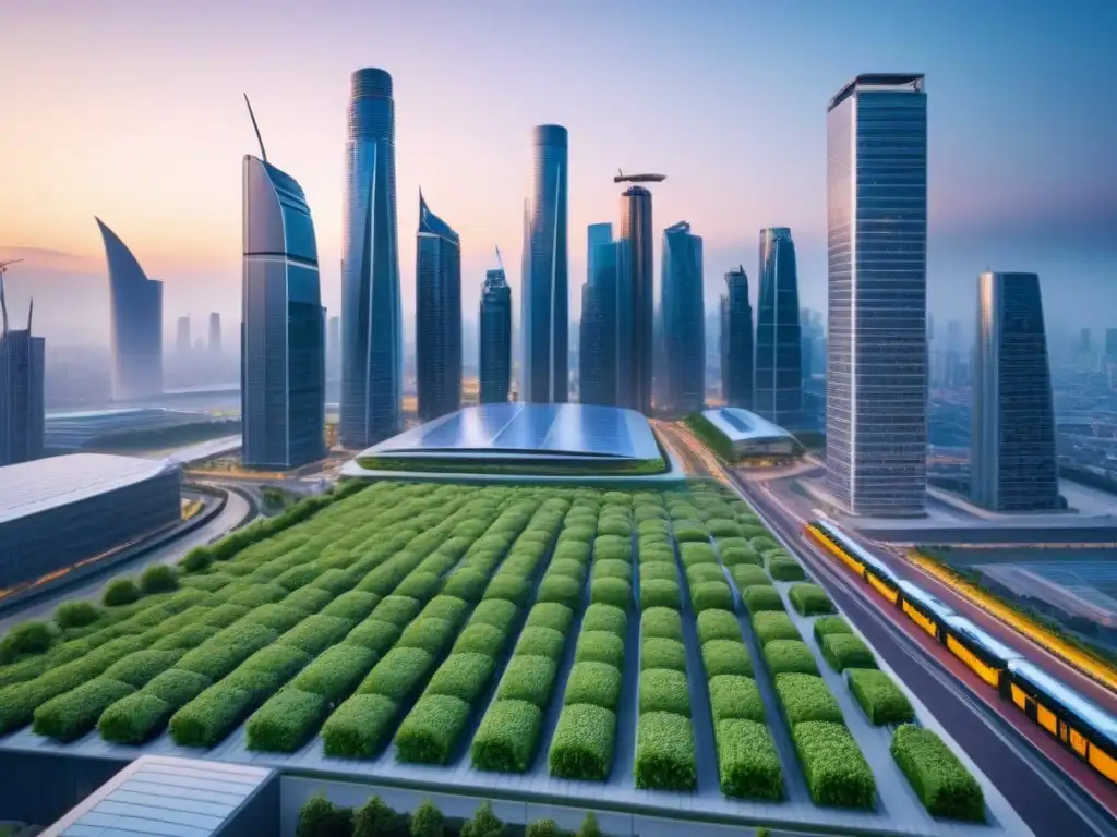 Metrópolis sostenible del futuro: armonía entre tecnología y naturaleza Un horizonte urbano sostenible con tecnología e infraestructura moderna, integrando servicios verdes en una ciudad futurista