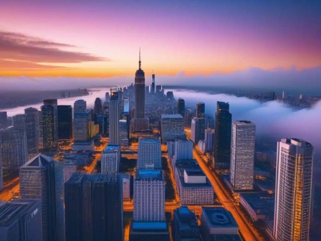 Horizonte urbano al atardecer: crecimiento y prosperidad inmobiliaria Horizonte urbano vibrante al atardecer, reflejando el sol y simbolizando el rendimiento REITs y políticas monetarias