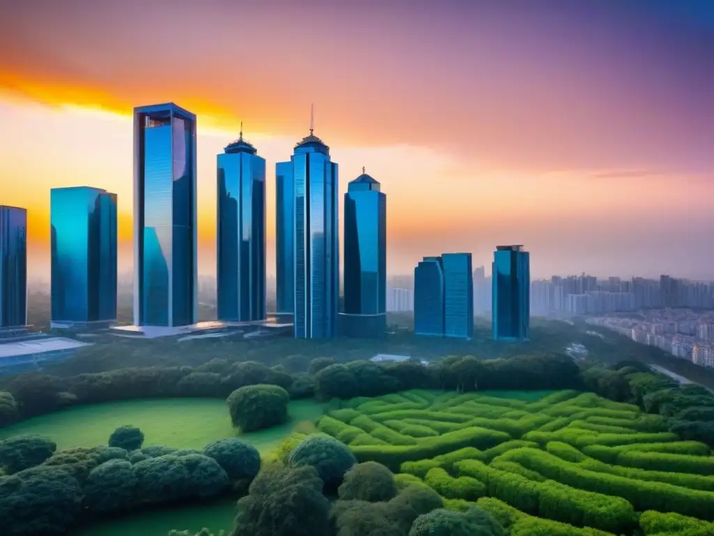 Horizonte urbano moderno al atardecer: símbolo de progreso y armonía Un horizonte urbano vibrante al atardecer, con rascacielos modernos y fachadas de vidrio reflejando los cálidos tonos del sol