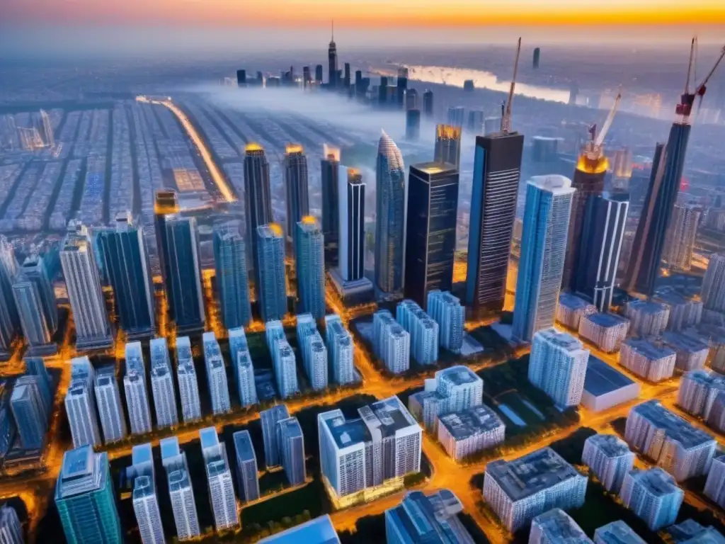 Horizonte urbano al atardecer: crecimiento y oportunidades inmobiliarias Un horizonte urbano vibrante al atardecer, reflejando el crecimiento y oportunidades del mercado inmobiliario