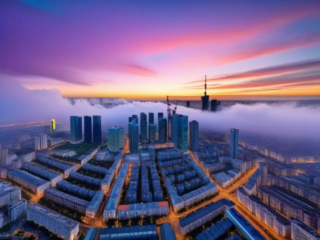Metrópolis en crecimiento: atardecer vibrante entre rascacielos y edificios tradicionales Un horizonte urbano vibrante en una ciudad emergente, con rascacielos modernos y edificios tradicionales bajo un atardecer colorido