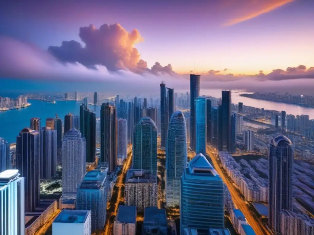 Esplendor urbano: metrópolis brillante al anochecer Un horizonte urbano vibrante y lujoso al anochecer, simbolizando la opulencia de mercados emergentes propiedades lujo