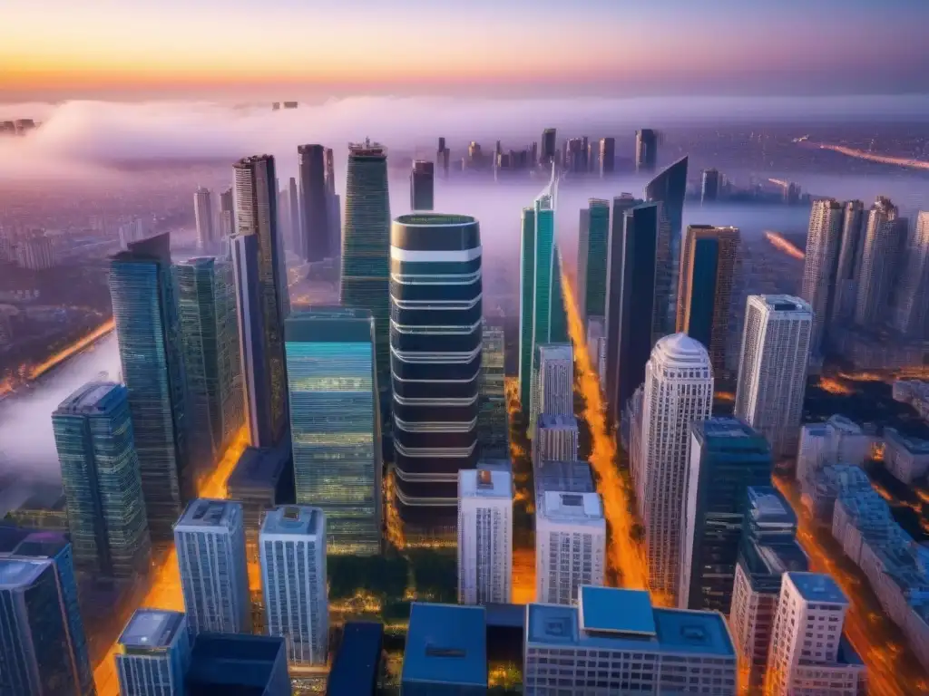 Metrópolis innovadora: horizonte urbano moderno al atardecer Un horizonte urbano vibrante con rascacielos y jardines en azoteas, en luz dorada