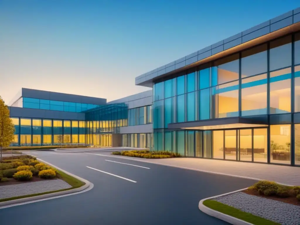Arquitectura hospitalaria moderna: innovación y funcionalidad Invertir en REITs de nicho: Hospital moderno con diseño innovador y ventanas de vidrio, bajo un cielo azul claro