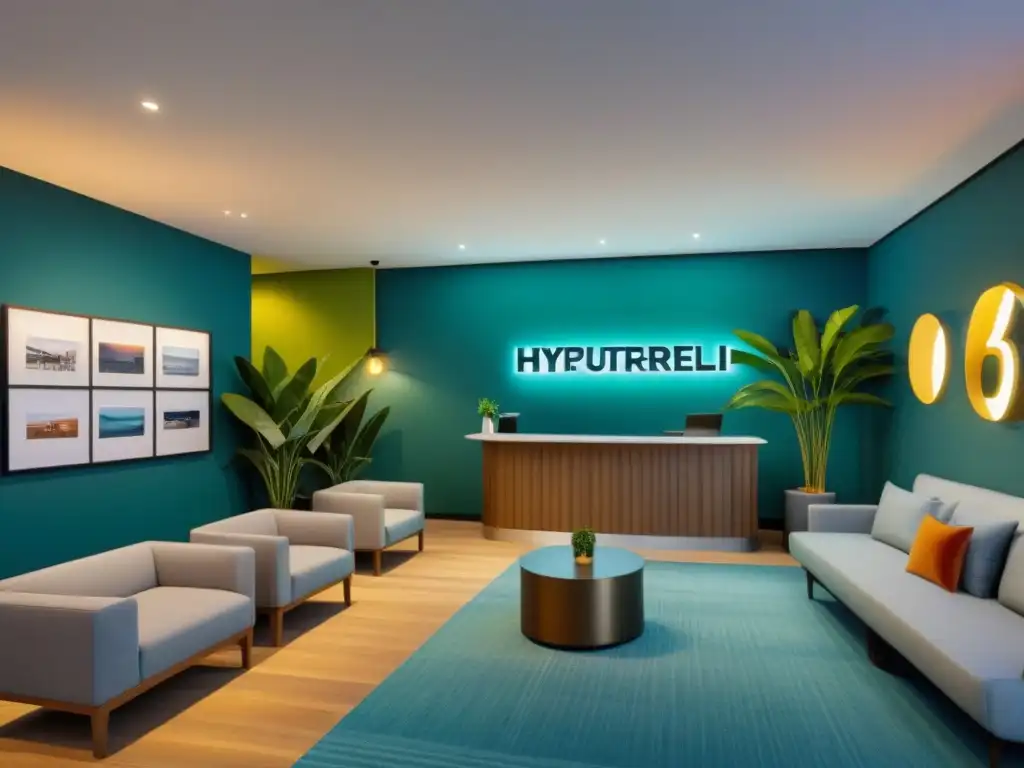 Lobby de hostel boutique: lujo y confort en 8k Inversión en hostales boutique: Lobby moderno y acogedor con muebles contemporáneos, iluminación cálida y plantas exuberantes