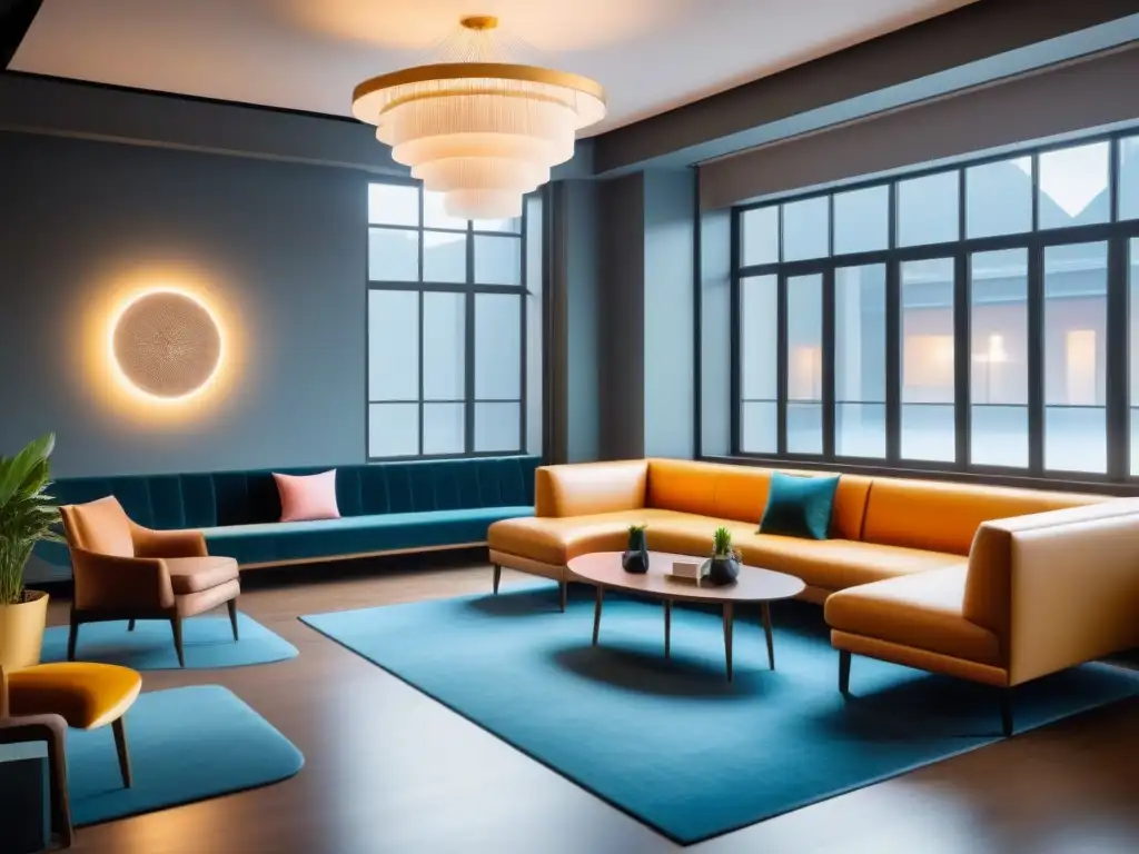 Elegante lobby de albergue boutique con diseño moderno y acogedor Inversión en hostales boutique: Lobby chic con decoración elegante, mobiliario moderno y arte vibrante en las paredes, ambiente acogedor y luminoso