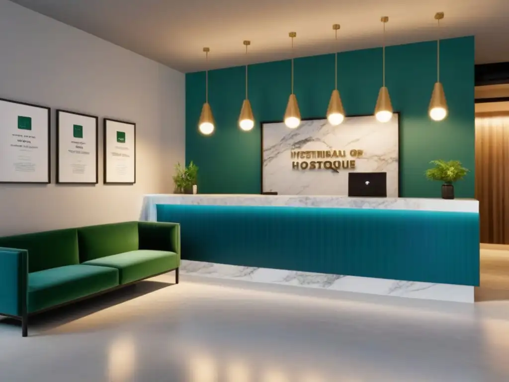 Recepción de hostel boutique: lujo y comodidad en 8k Inversión en hostales boutique: Recepción de hostal elegante y acogedora, diseño minimalista y lujoso, tonos neutros y toques de azul y verde
