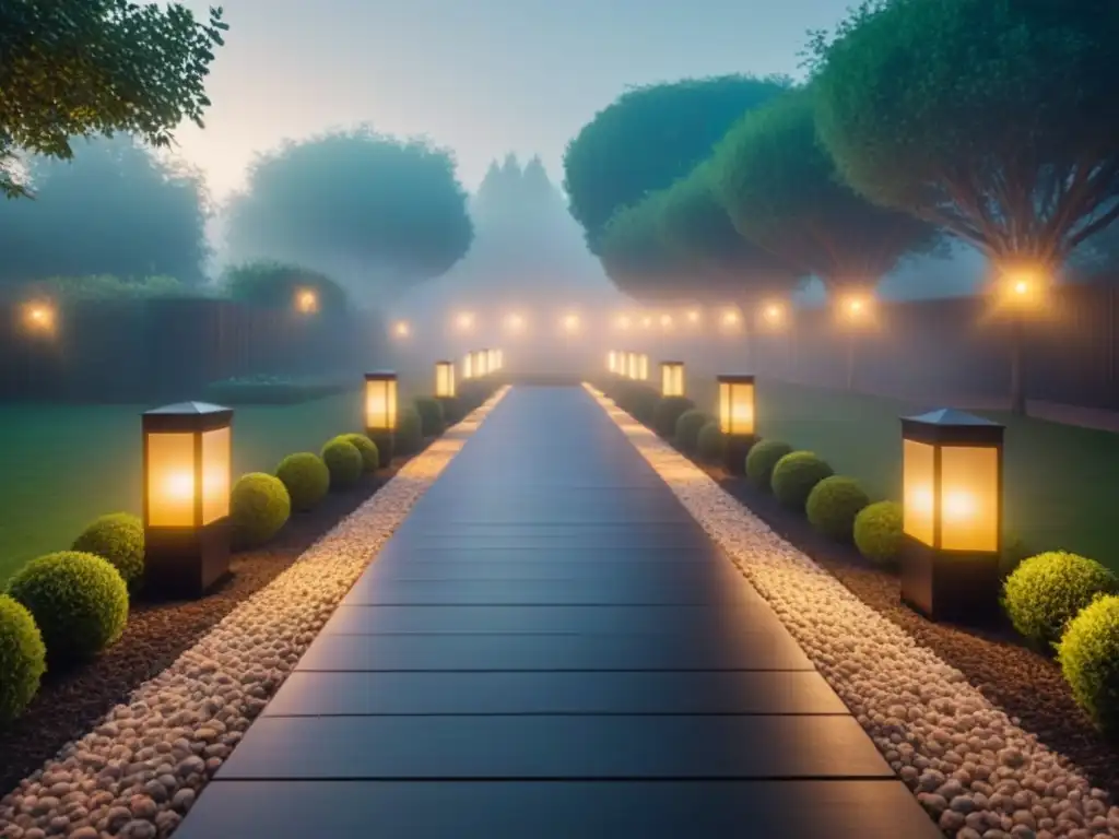 Jardín iluminado con luces LED: magia nocturna Un jardín bellamente iluminado al anochecer, con luces LED creando ambientes mágicos en medio de la oscuridad