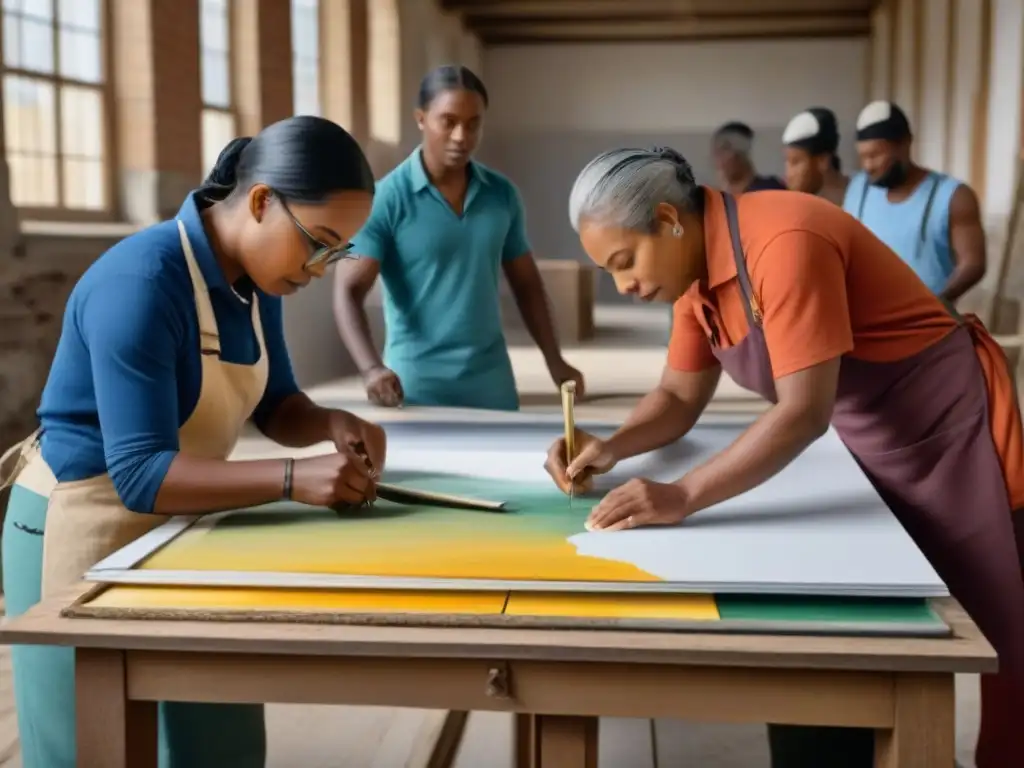 Restauración comunitaria: diversidad y colaboración en acción Una ilustración detallada muestra a una comunidad diversa restaurando un edificio histórico