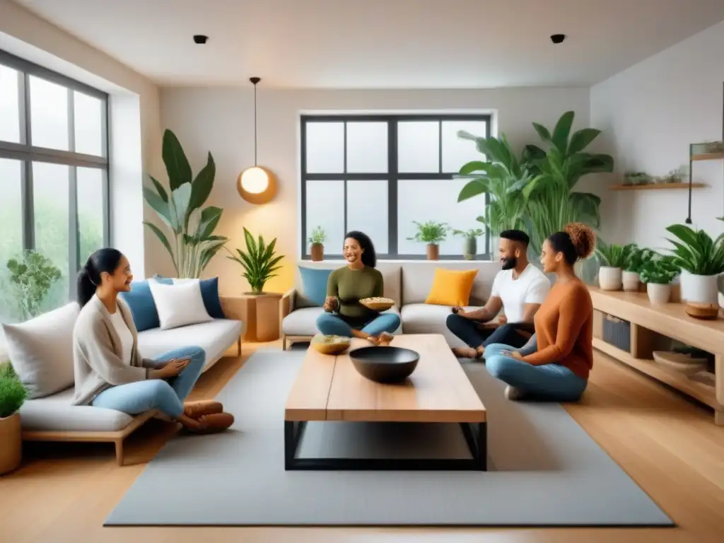 Coliving: Comunidad feliz en un espacio moderno y armonioso Una ilustración detallada de un grupo diverso disfrutando de beneficios coliving, reflejando felicidad y bienestar en un espacio armonioso y moderno