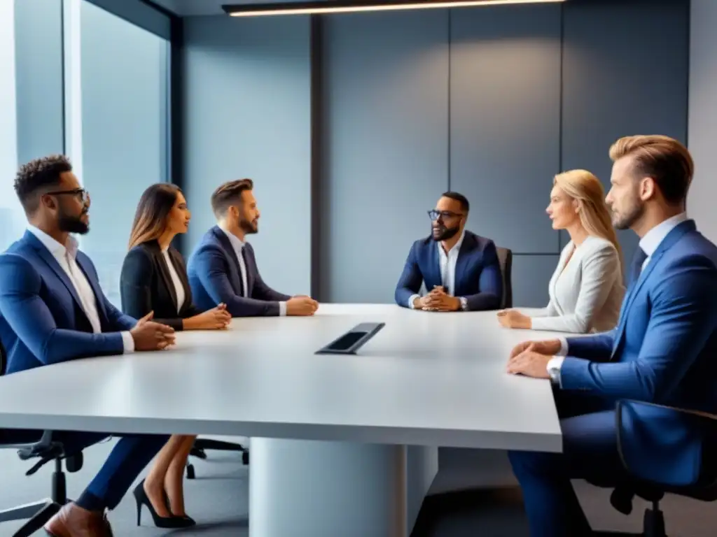 Profesionales debatiendo seguros de propiedad en oficina moderna Una ilustración detallada y moderna de profesionales discutiendo seguros para propiedades comerciales en una oficina contemporánea