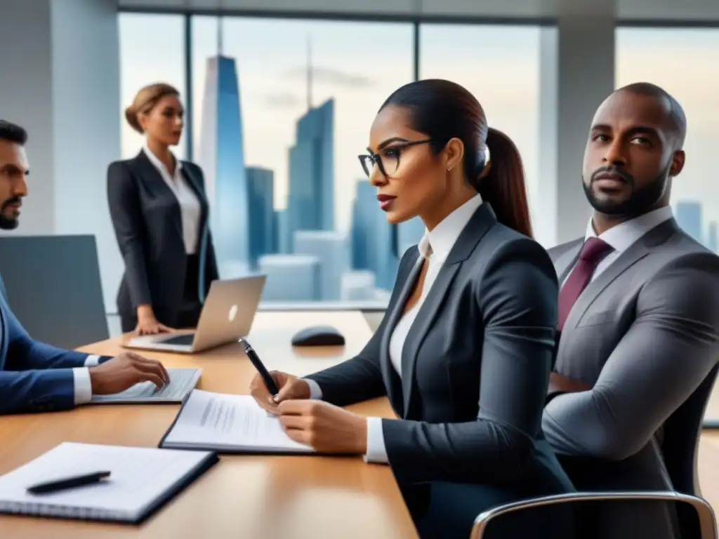 Profesionales debatiendo seguros de propiedad Una ilustración detallada y moderna de profesionales en una oficina discutiendo sobre seguros para propiedades comerciales completos