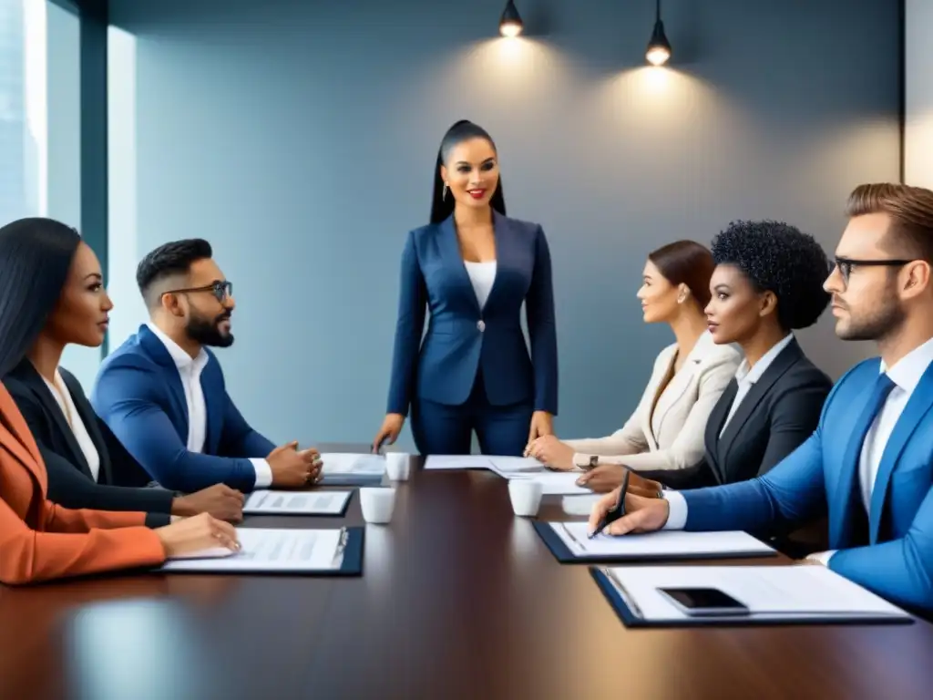 Reunión exitosa: Profesionales diversificados en una junta de financiamiento privado Una ilustración detallada y moderna de profesionales diversos en una exitosa reunión de financiamiento privado para restauración de propiedades