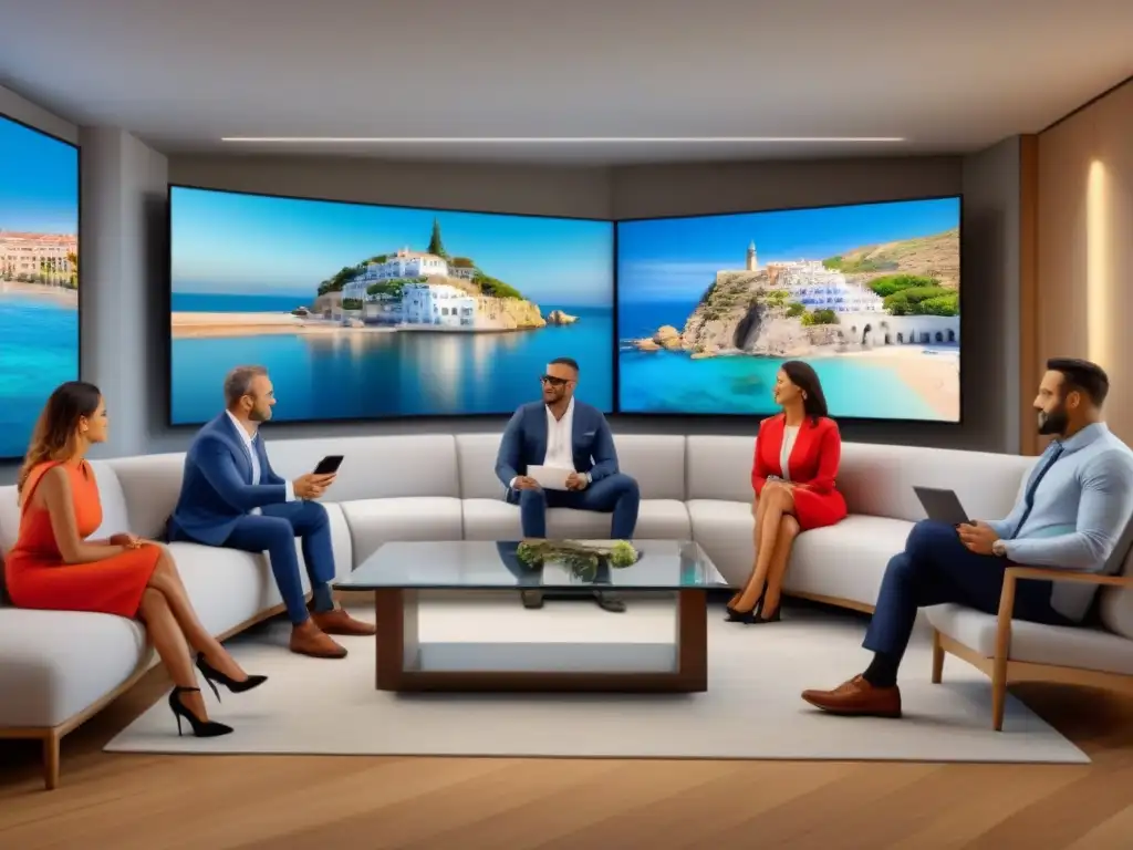 Reunión experta sobre regulaciones de alojamientos turísticos en España Una ilustración detallada muestra propietarios discutiendo regulaciones de viviendas turísticas en ambiente profesional y moderno en España