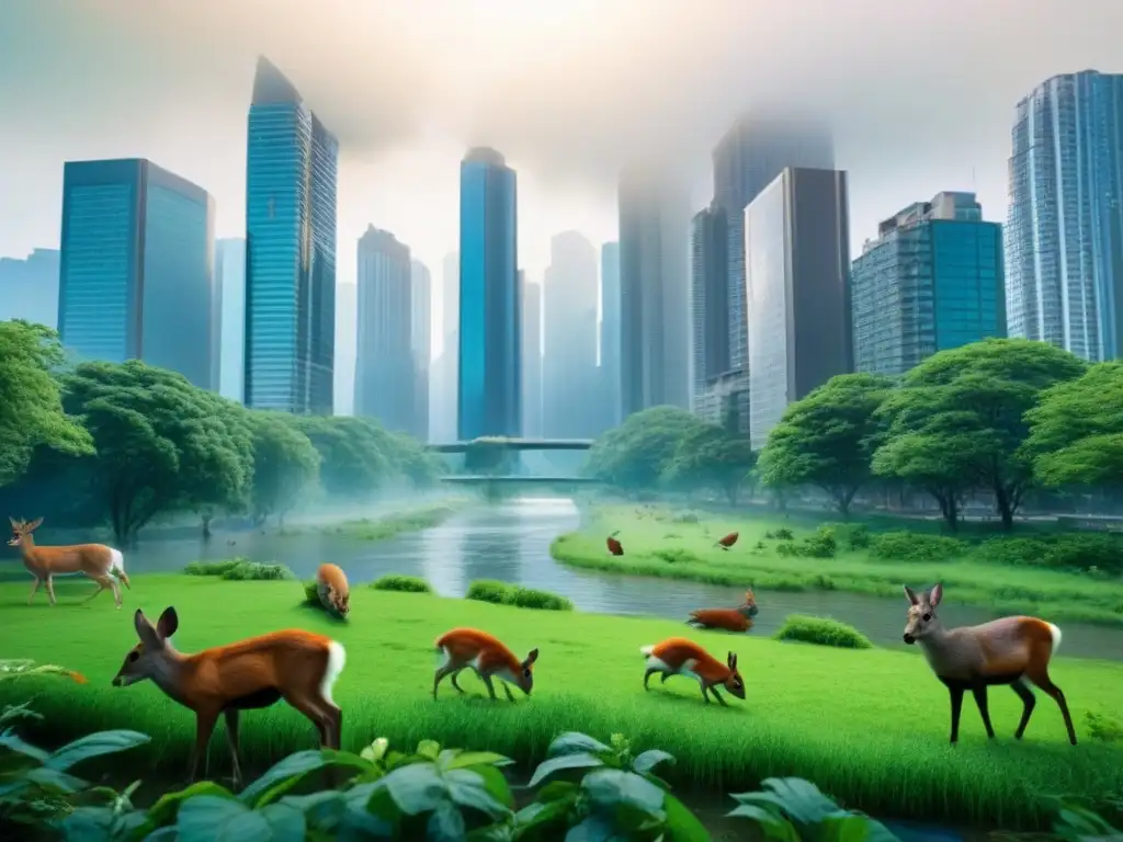 Armonía urbana: ciudad y naturaleza en equilibrio Una ilustración digital detallada y vibrante de la coexistencia armónica entre la urbanización y la biodiversidad: estrategias armoniosas