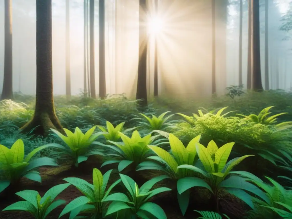 Renovación forestal: esperanza y colaboración en restauración Una ilustración digital detallada y vibrante de un ecosistema forestal en restauración, con diversidad de especies y científicos colaborando