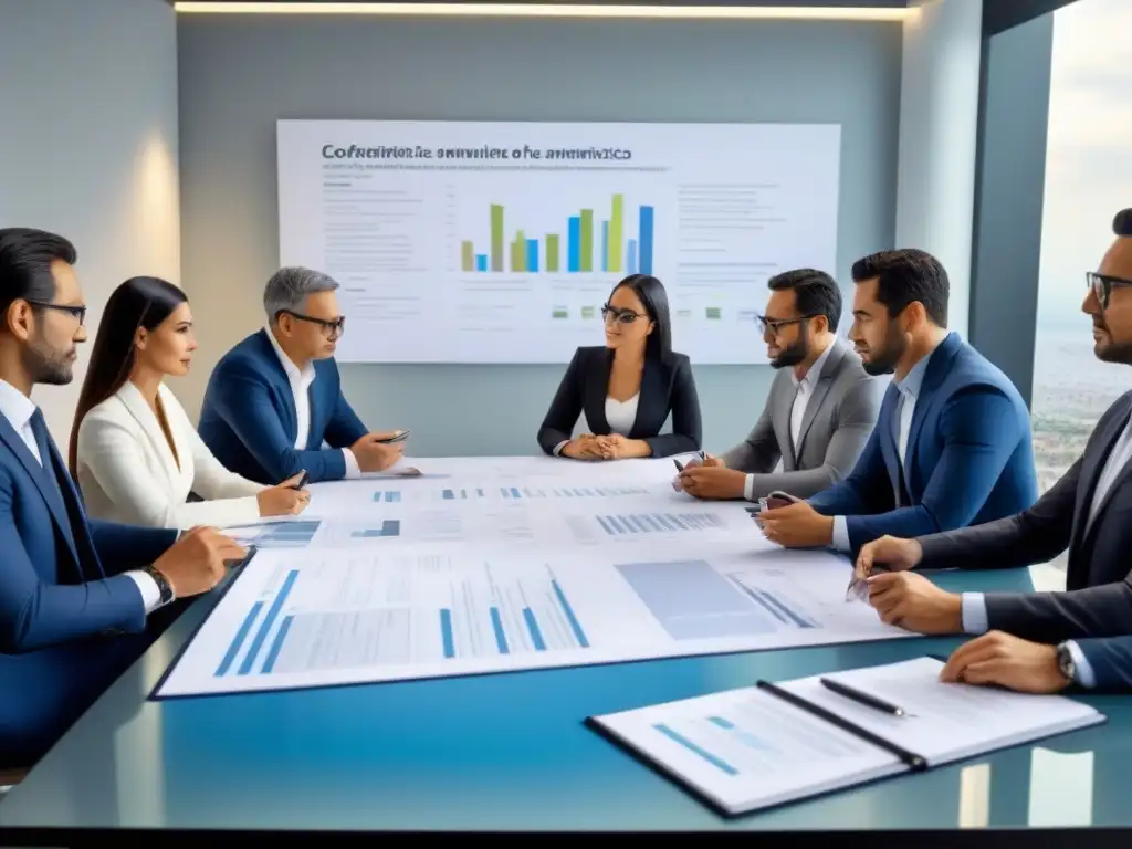 Profesionales debatiendo la Ley de Fraccionamientos: expertise en acción Una ilustración moderna detallada de profesionales diversos discutiendo la Ley de Fraccionamientos en México en una sala de juntas contemporánea