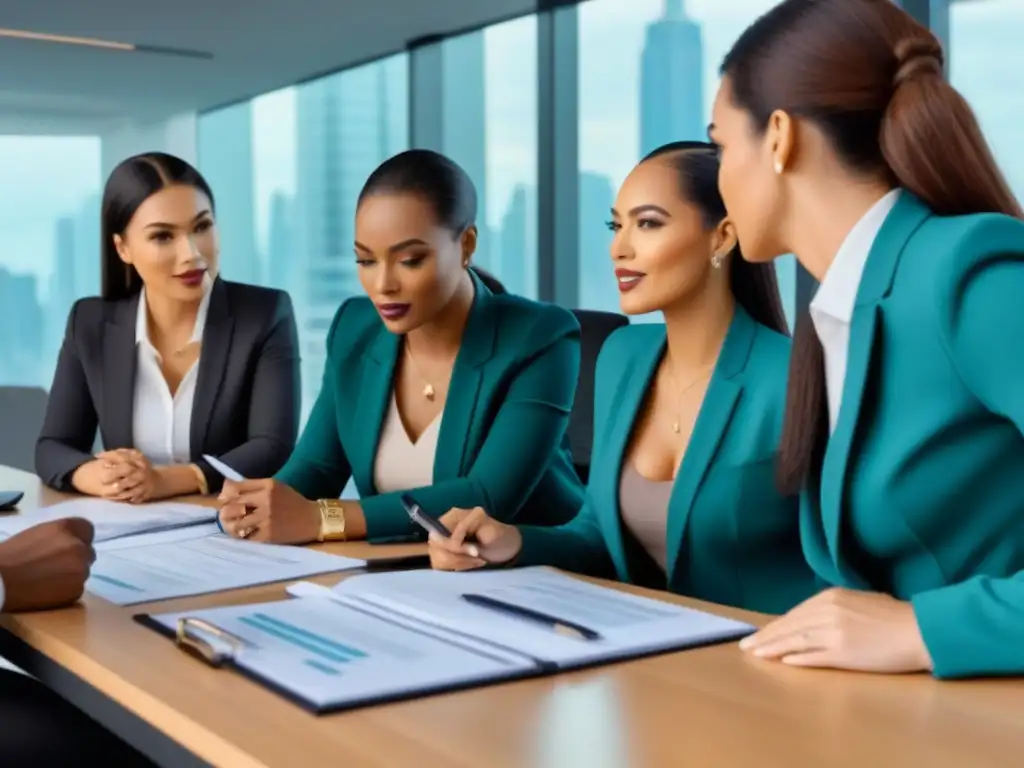 Profesionales diversos debaten refinanciamiento en oficina elegante Una ilustración moderna y elegante de profesionales diversos discutiendo refinanciamiento plazos cortos inmobiliario en una oficina contemporánea